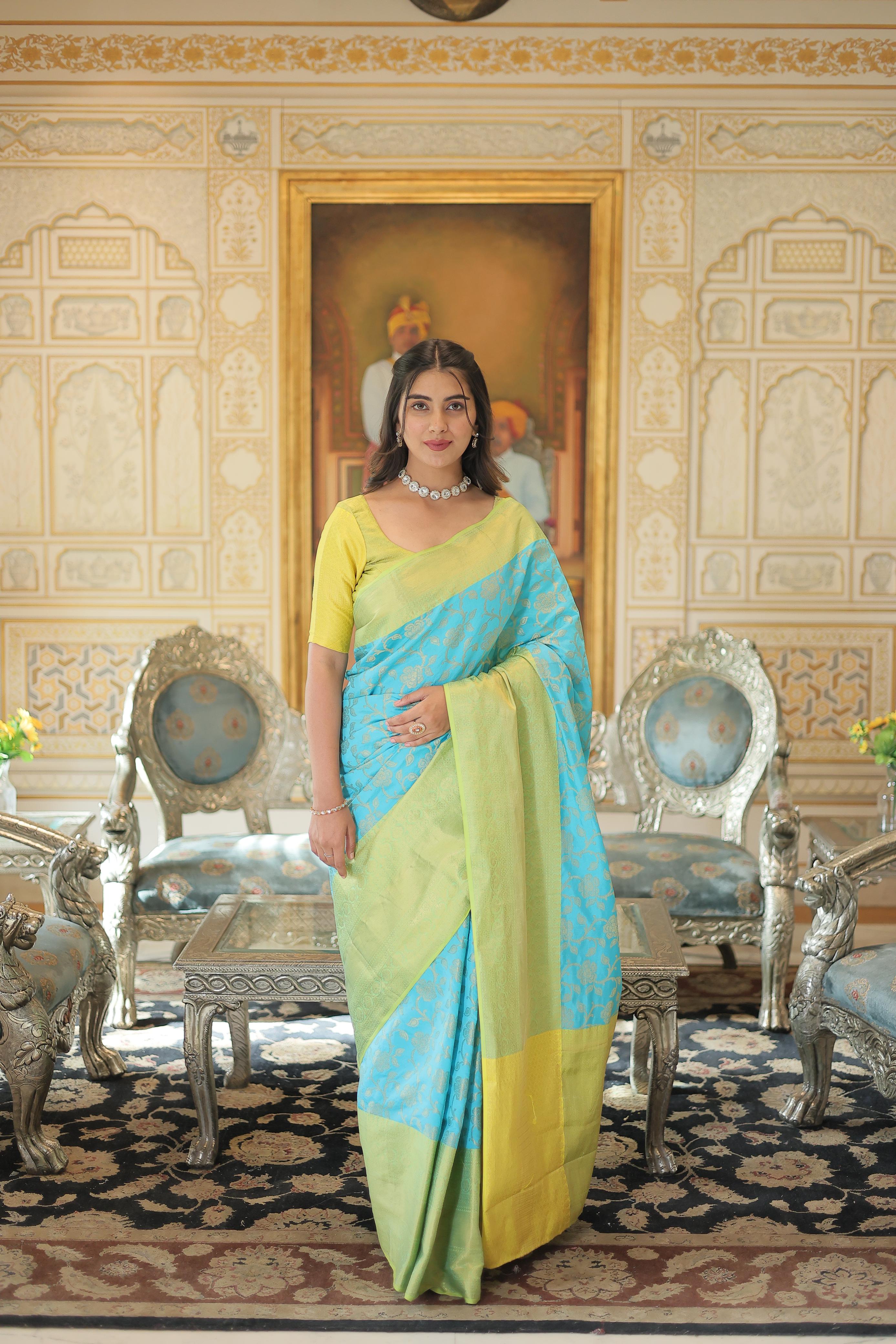 Stunning Green Border Sky Blue Zari Weaving Saree