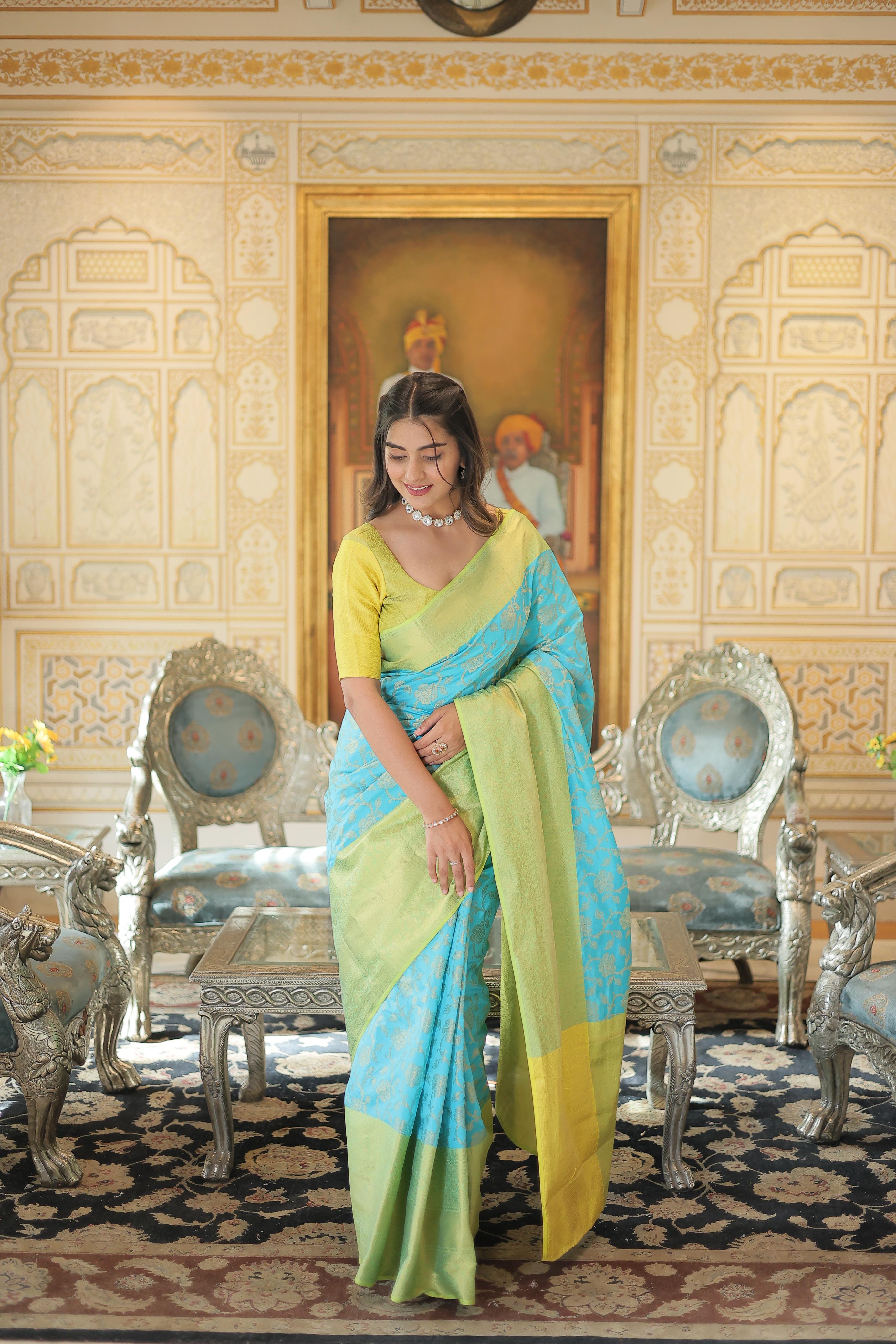 Stunning Green Border Sky Blue Zari Weaving Saree