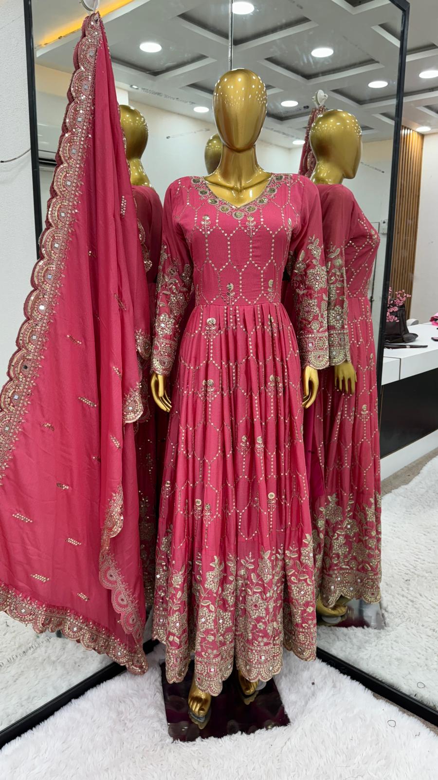 Wedding Wear Embroidery With Mirror Work Pink Long Gown