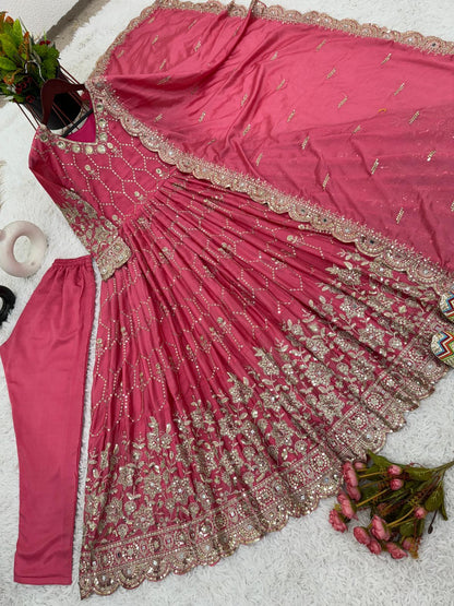 Wedding Wear Embroidery With Mirror Work Pink Long Gown