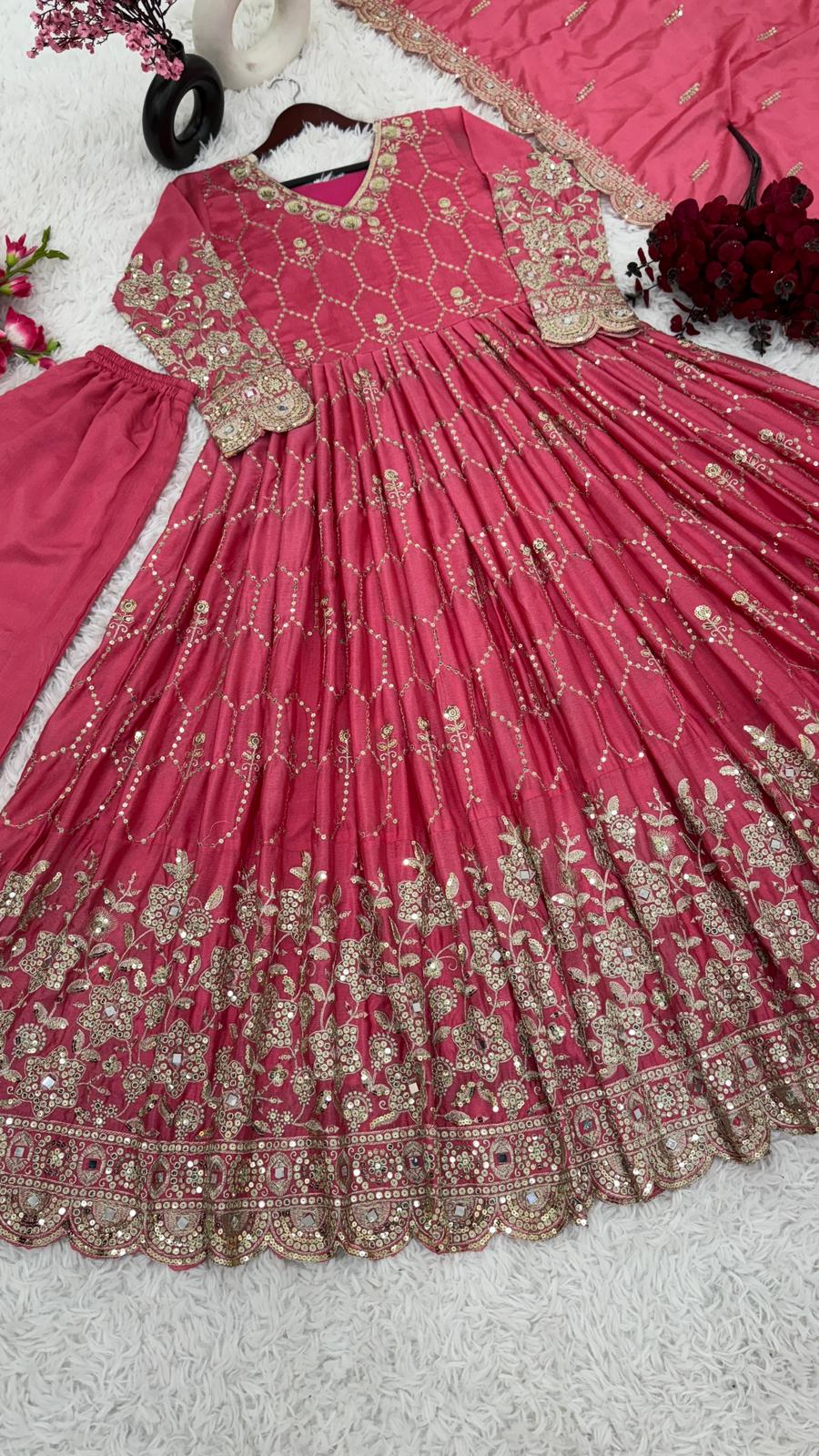 Wedding Wear Embroidery With Mirror Work Pink Long Gown