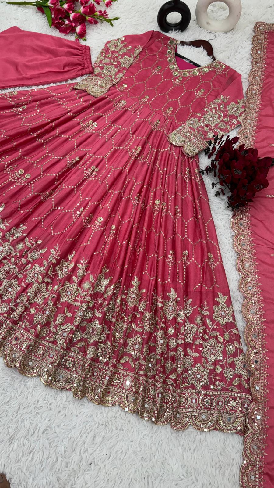 Wedding Wear Embroidery With Mirror Work Pink Long Gown