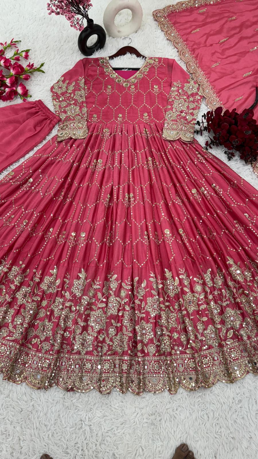 Wedding Wear Embroidery With Mirror Work Pink Long Gown