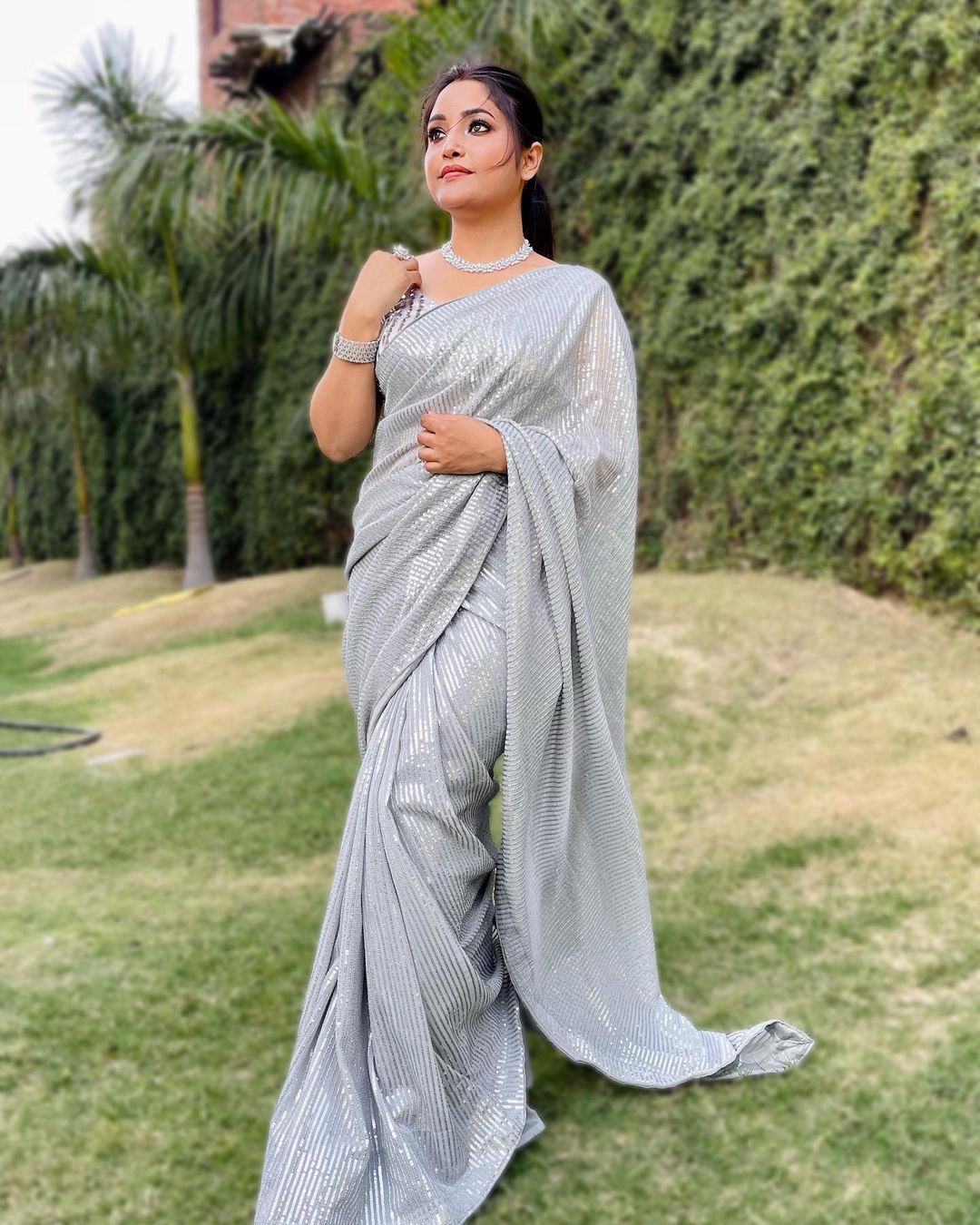 Fancy Full Heavy Sequence Work Grey Color Saree