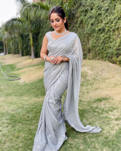 Fancy Full Heavy Sequence Work Grey Color Saree