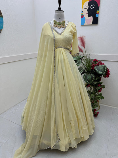 Embroidery With Real Mirror Work Off White Gown With Dupatta