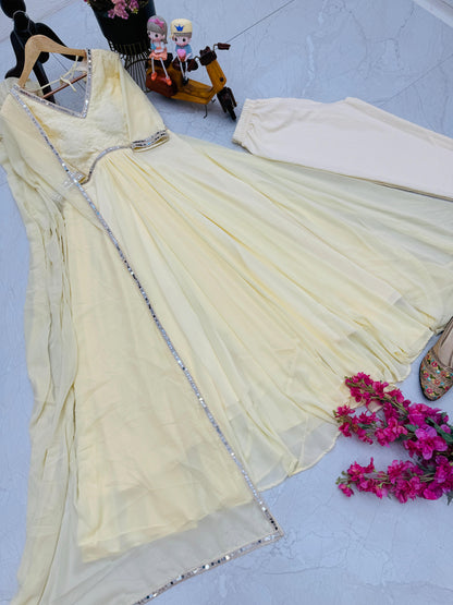 Embroidery With Real Mirror Work Off White Gown With Dupatta