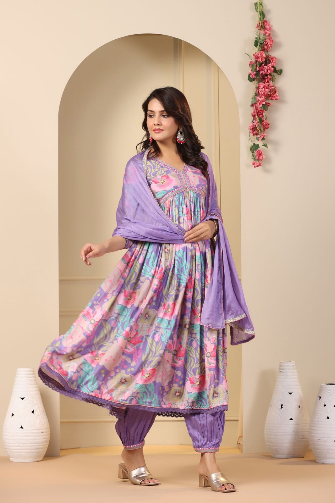 Digital Print Lavender Color Festive Wear Anarkali Suit