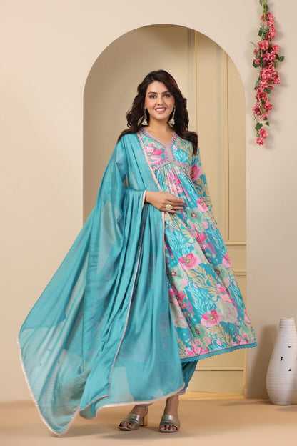 Digital Print Sky Blue Color Festive Wear Anarkali Suit