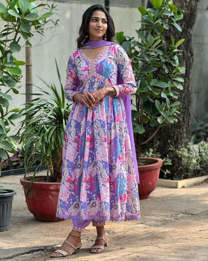 Digital Print Lavender Color Festive Wear Anarkali Suit