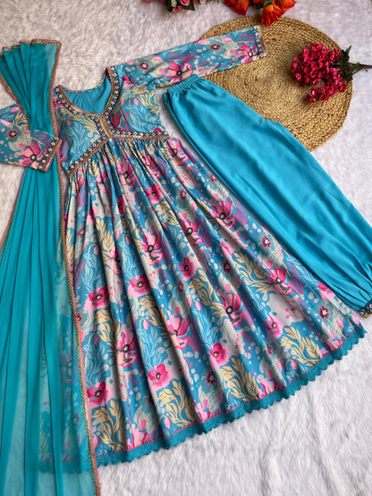 Digital Print Sky Blue Color Festive Wear Anarkali Suit