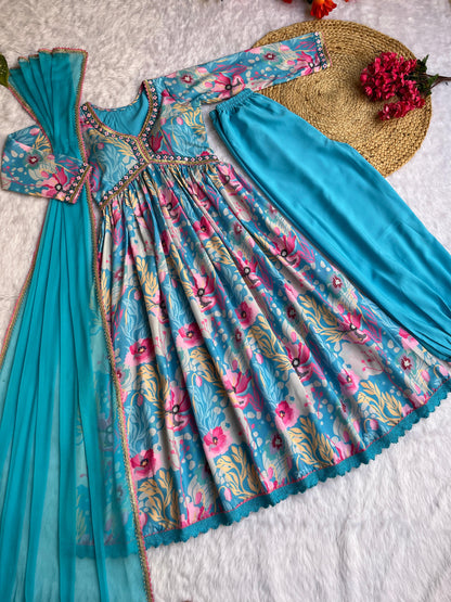 Digital Print Sky Blue Color Festive Wear Anarkali Suit