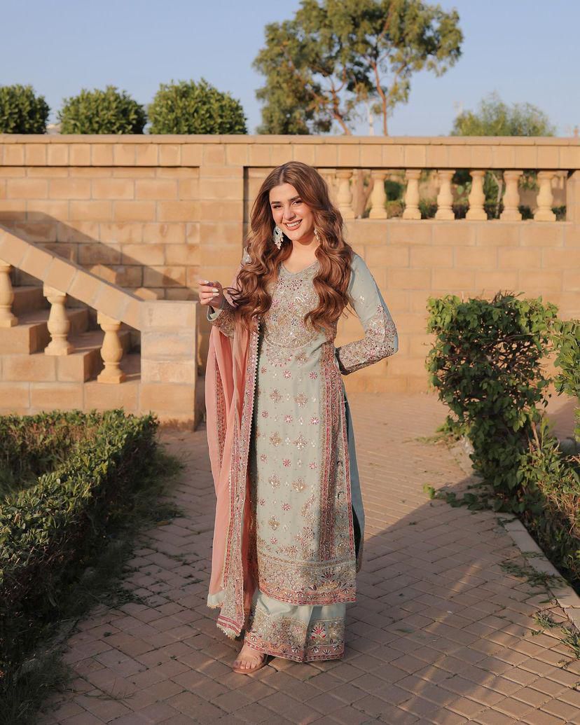 Sky Blue Heavy Embroidery Sequence Work Designer Sharara Suit