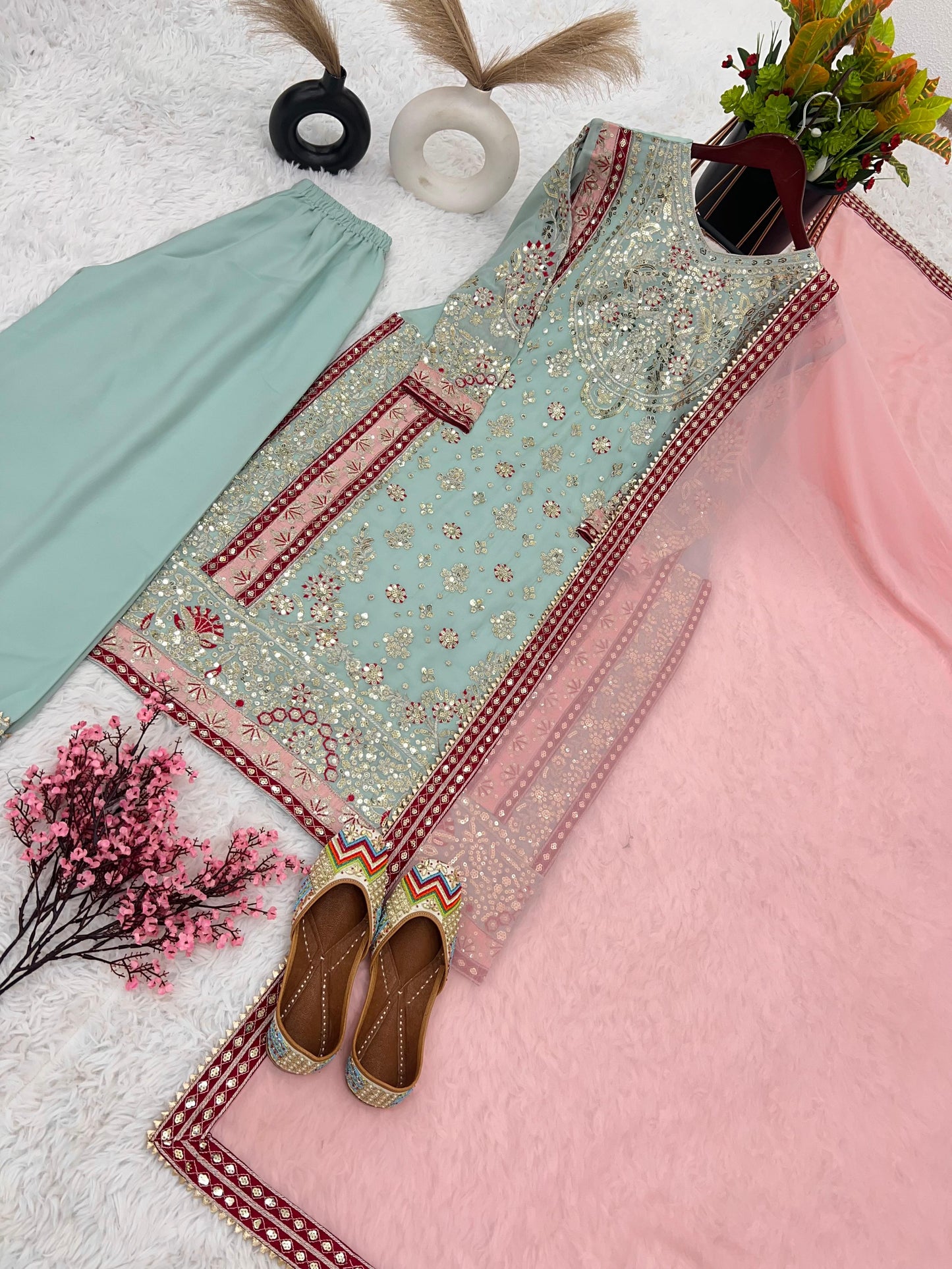 Sky Blue Heavy Embroidery Sequence Work Designer Sharara Suit