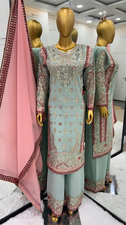 Sky Blue Heavy Embroidery Sequence Work Designer Sharara Suit