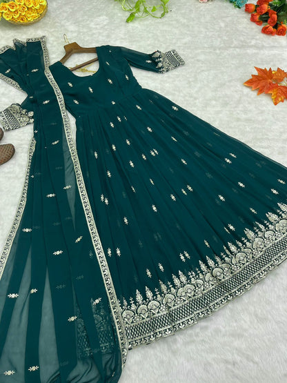 Wedding Wear Sequence Work Bottle Green Anarkali Suit