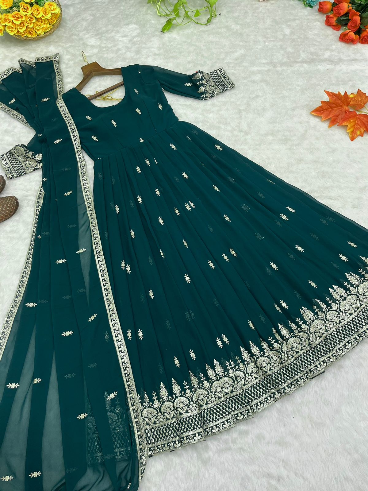 Wedding Wear Sequence Work Bottle Green Anarkali Suit