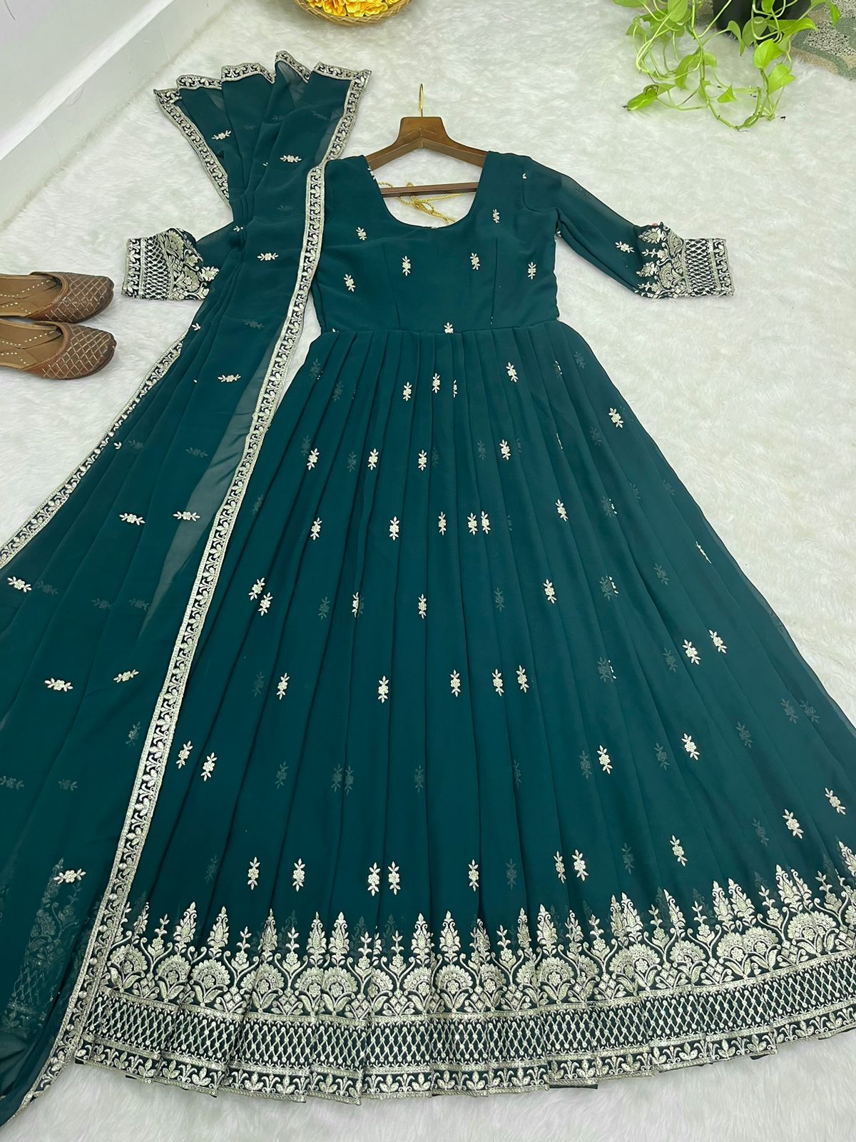 Wedding Wear Sequence Work Bottle Green Anarkali Suit