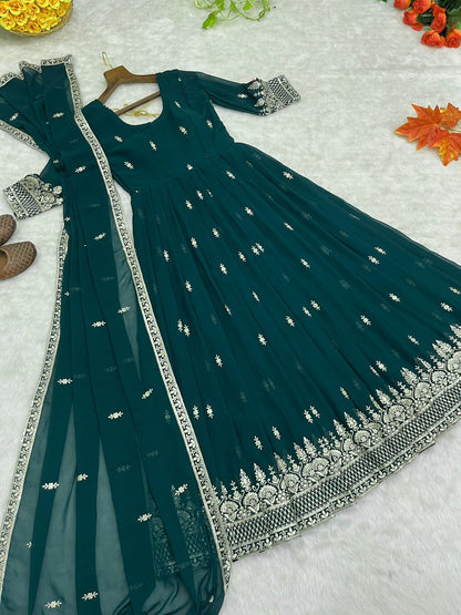 Wedding Wear Sequence Work Bottle Green Anarkali Suit