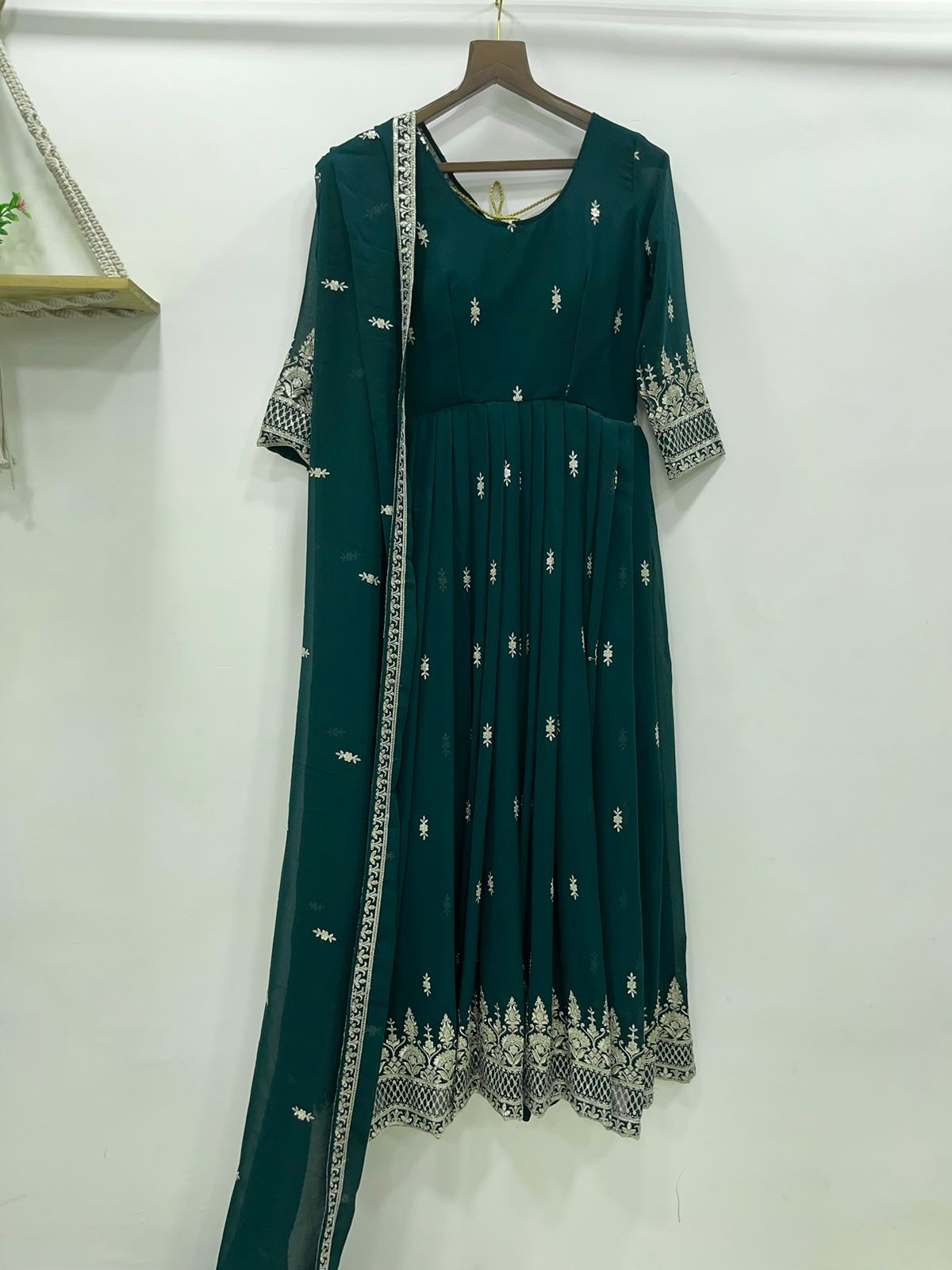 Wedding Wear Sequence Work Bottle Green Anarkali Suit