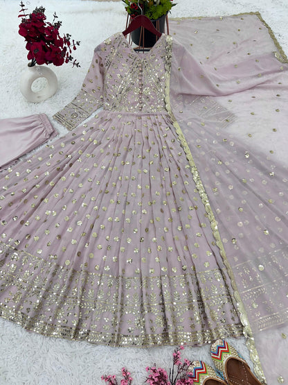 Innovative Embroidery Sequence Work Light Pink Long Gown