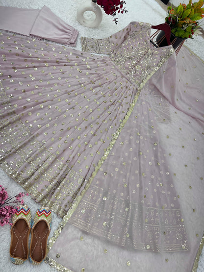 Innovative Embroidery Sequence Work Light Pink Long Gown