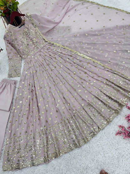 Innovative Embroidery Sequence Work Light Pink Long Gown