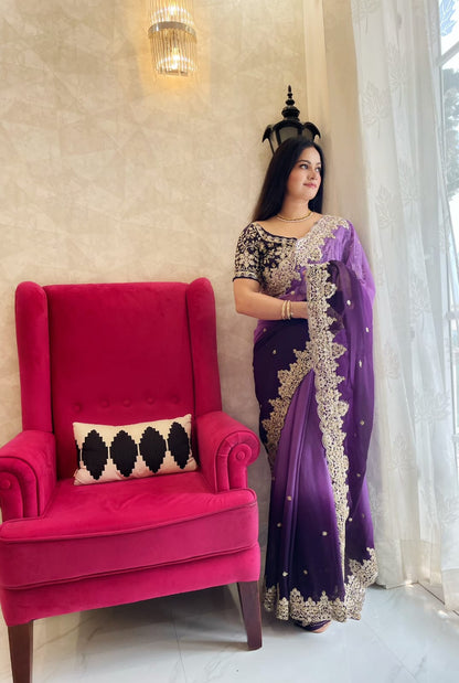 Fabulous Purple Shades Color Pure Soft Georgette Silk Pedding With 3mm Sequin Coding Work Saree