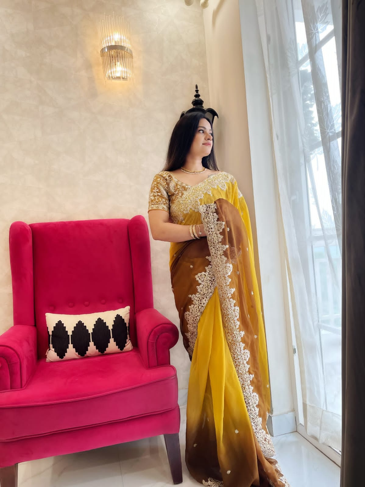 Beautiful Mustard Color Pure Soft Georgette Silk Pedding With 3mm Sequin Coding Work Saree