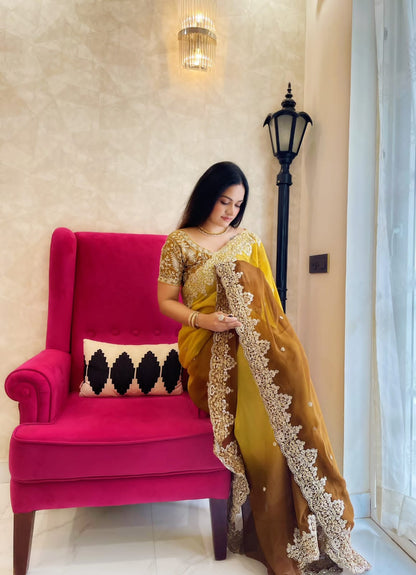 Beautiful Mustard Color Pure Soft Georgette Silk Pedding With 3mm Sequin Coding Work Saree