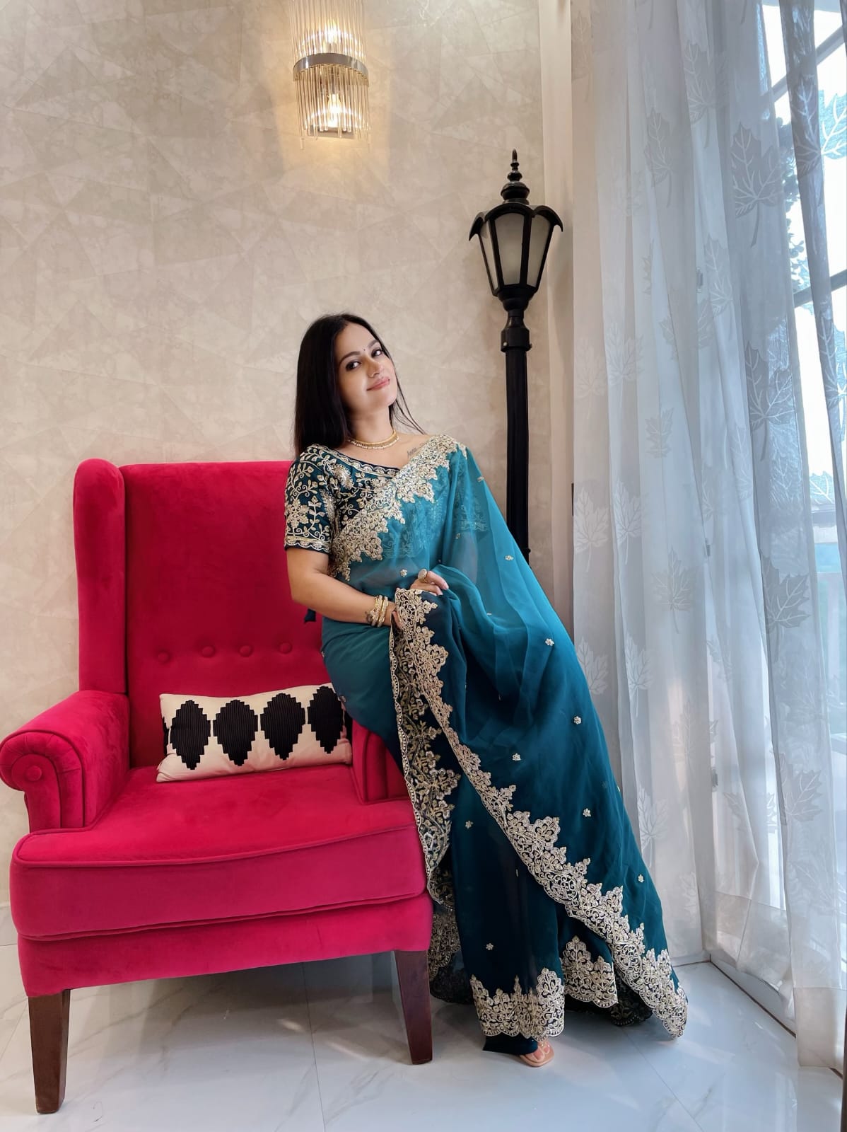 Classy Sky Blue Shades Color Pure Soft Georgette Silk Pedding With 3mm Sequin Coding Work Saree