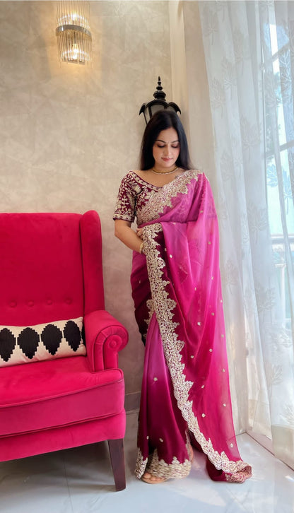 Attractive Pink Shades Color Pure Soft Georgette Silk Pedding With 3mm Sequin Coding Work Saree