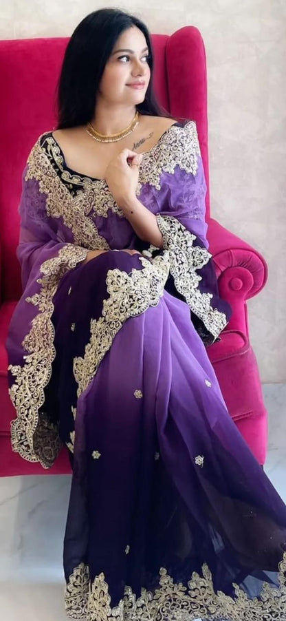 Fabulous Purple Shades Color Pure Soft Georgette Silk Pedding With 3mm Sequin Coding Work Saree