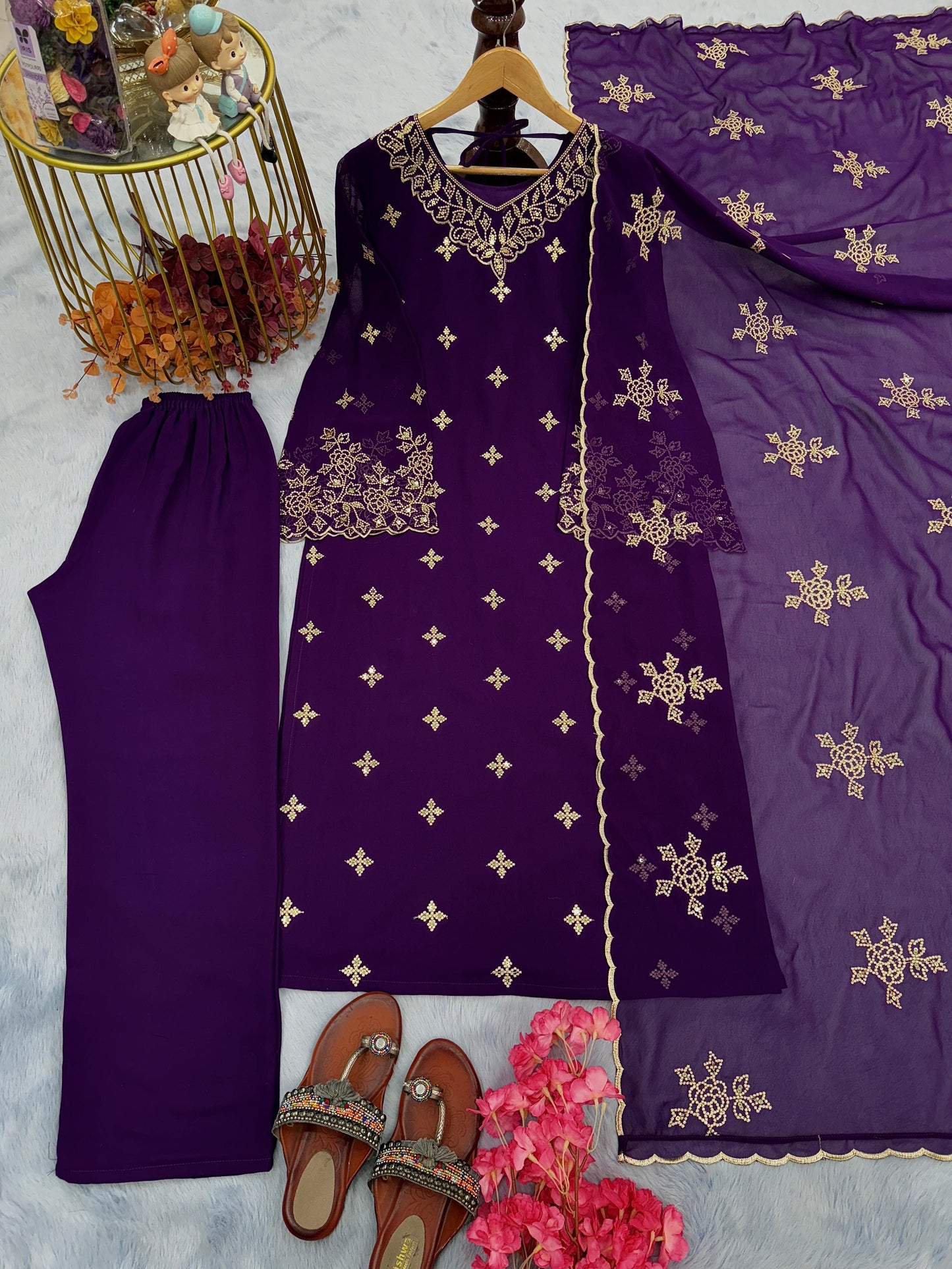 Stunning Purple Color Heavy Faux Georgette Embroidery Work Fancy Sleeve Palazzo Suit