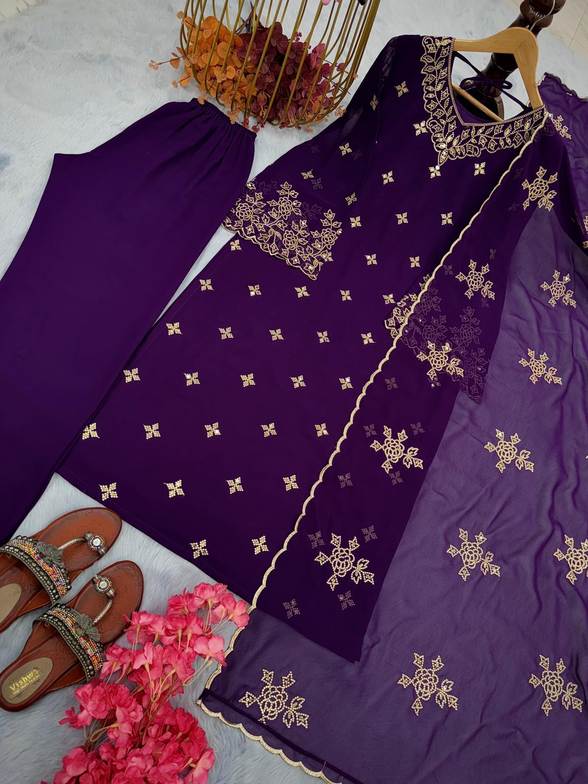 Stunning Purple Color Heavy Faux Georgette Embroidery Work Fancy Sleeve Palazzo Suit