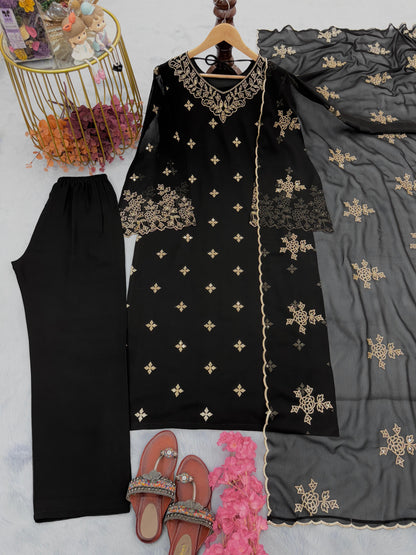 Black Embroidery Work Fancy Sleeve Palazzo Suit