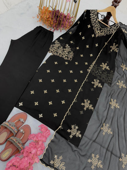 Black Embroidery Work Fancy Sleeve Palazzo Suit