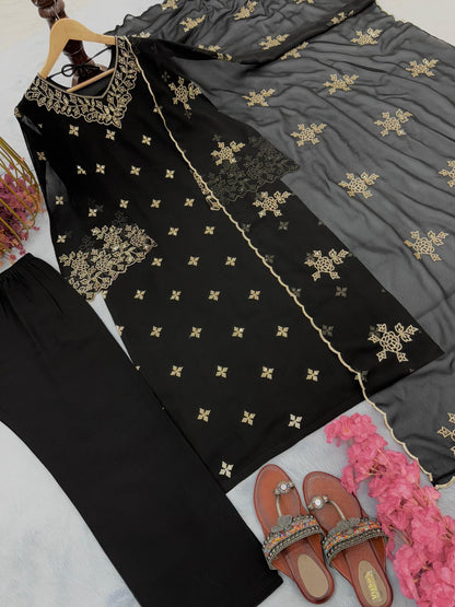 Black Embroidery Work Fancy Sleeve Palazzo Suit