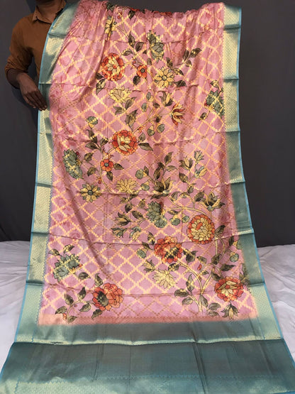 Floral Printed Pink Color Zari Weaving Work Saree