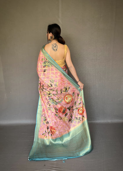 Floral Printed Pink Color Zari Weaving Work Saree