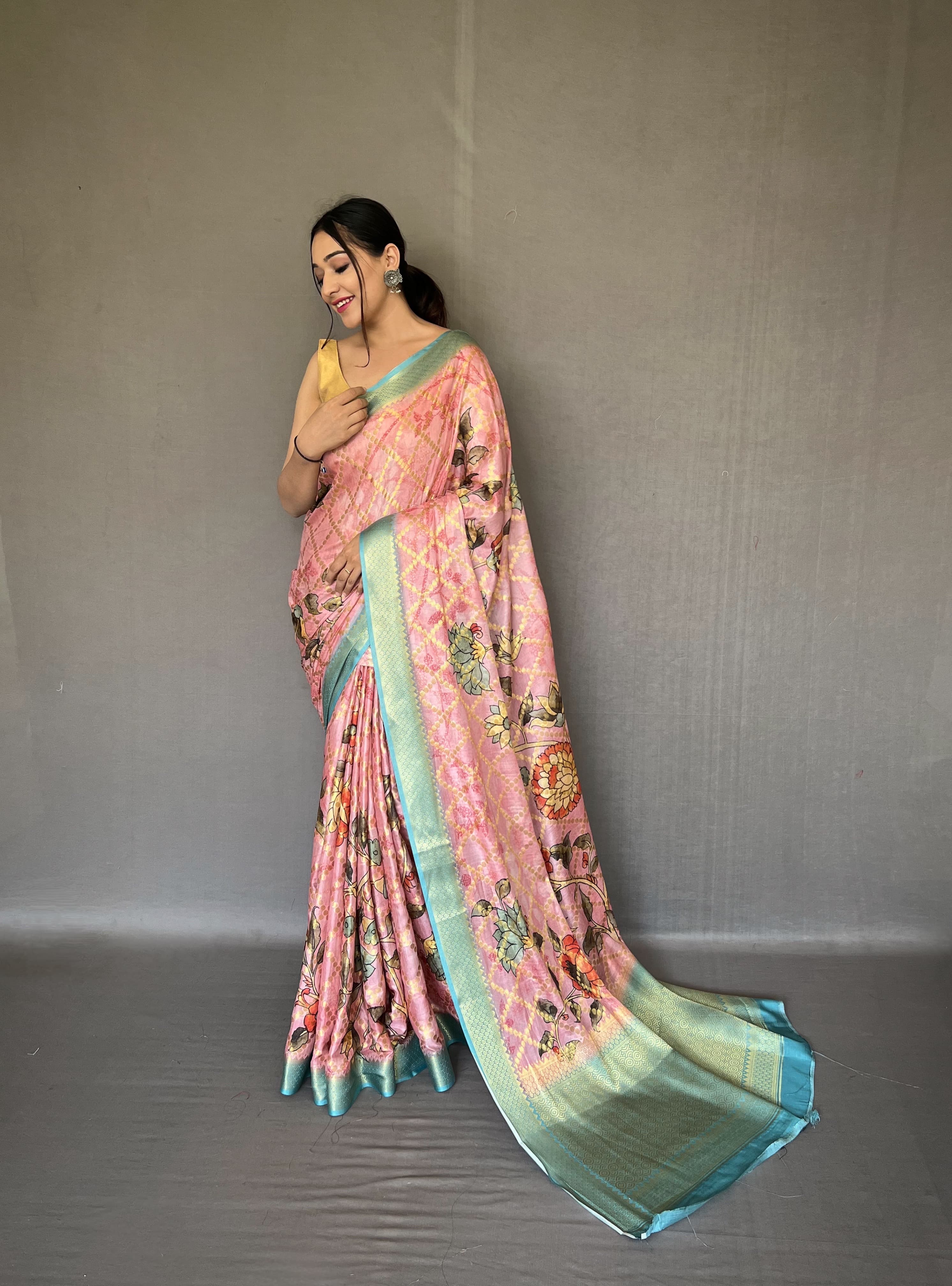 Floral Printed Pink Color Zari Weaving Work Saree