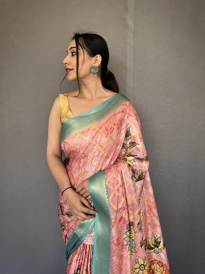 Floral Printed Pink Color Zari Weaving Work Saree