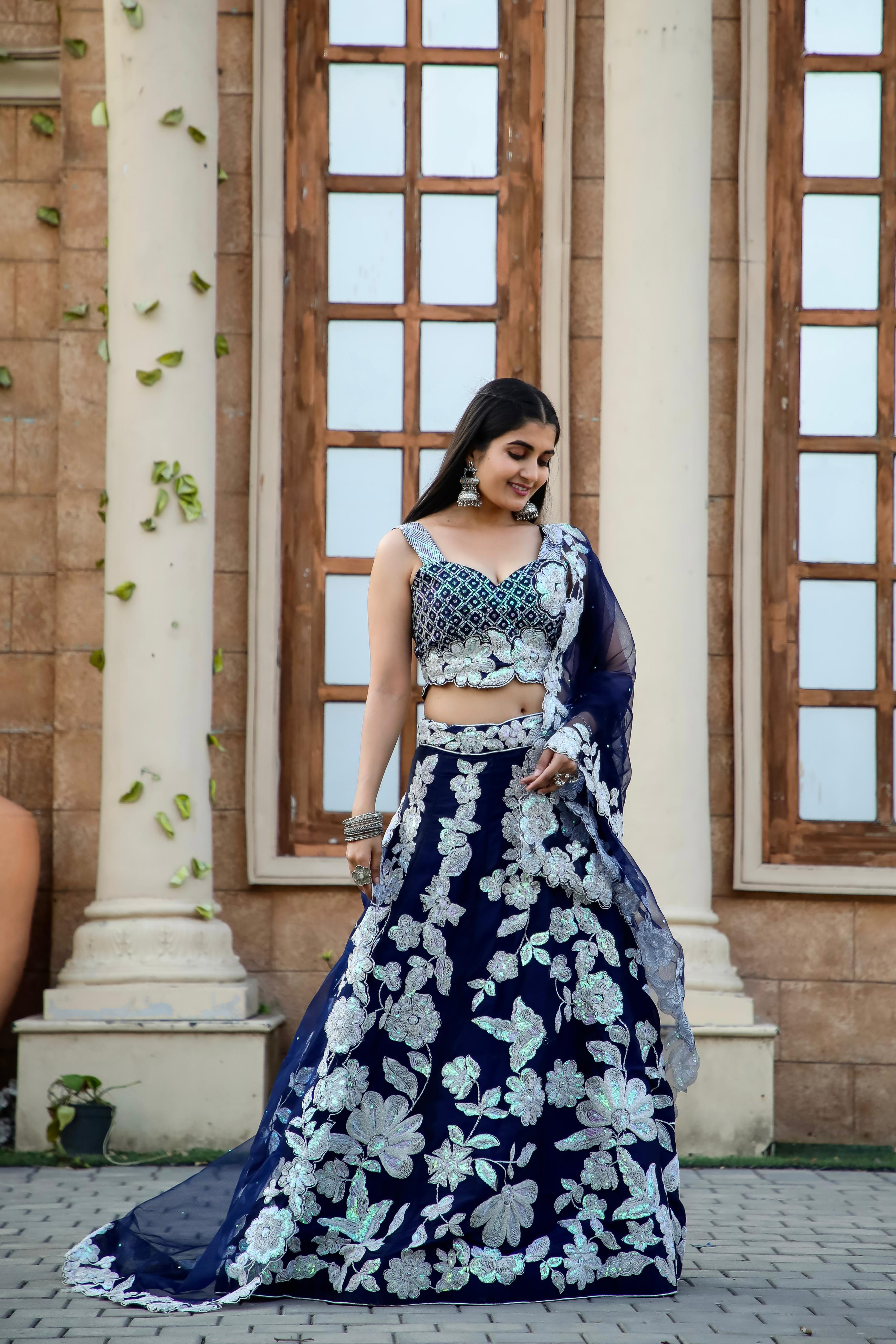 Engagement Wear Navy Blue Heavy Work Lehenga Choli