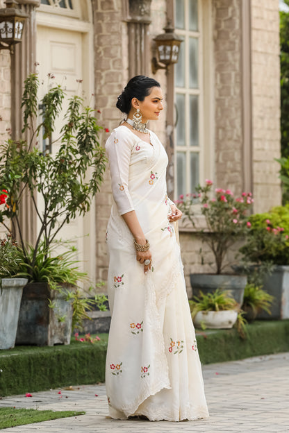 Luxuriant White Color Embroidery Cutwork Saree