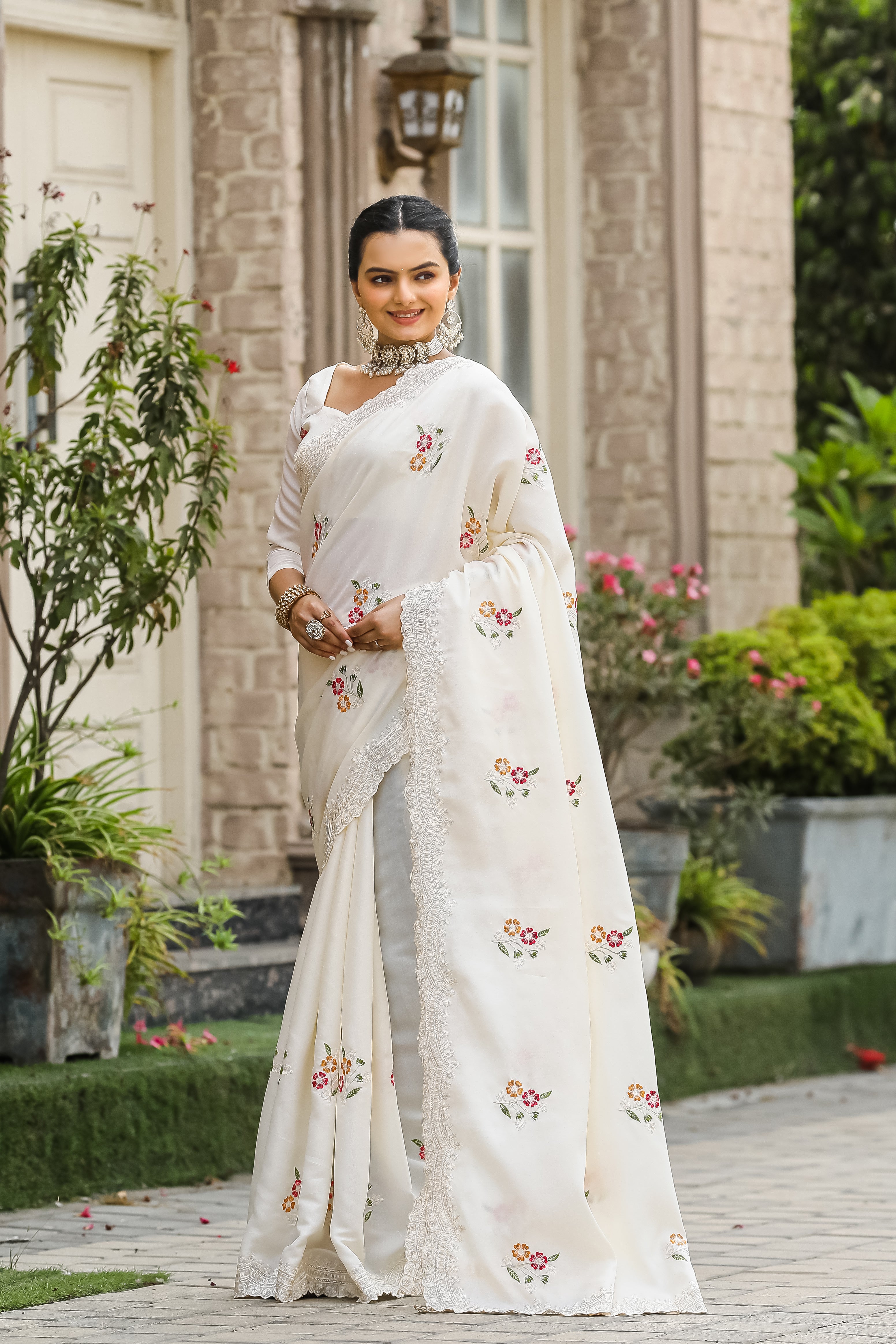 Luxuriant White Color Embroidery Cutwork Saree