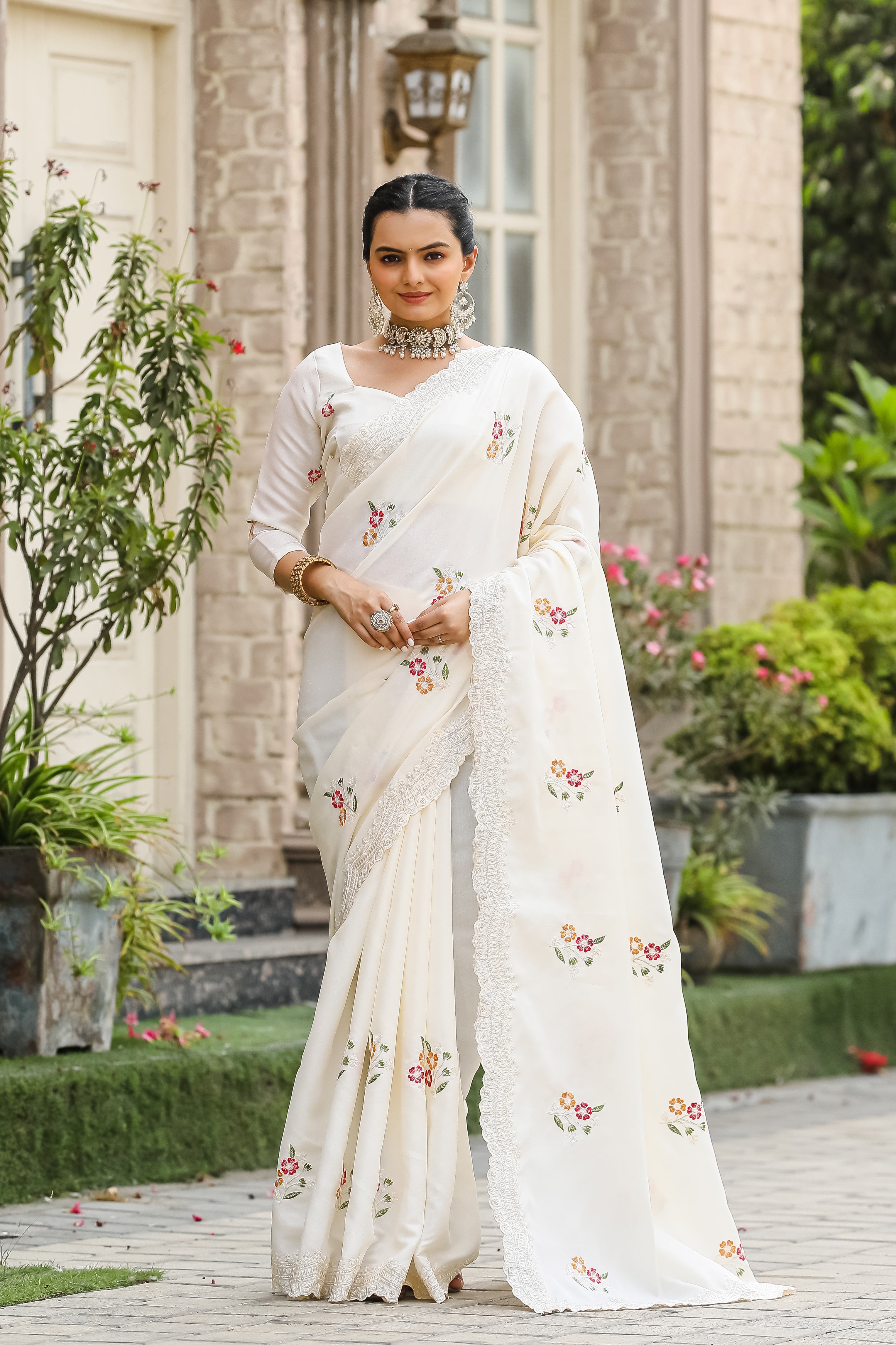 Luxuriant White Color Embroidery Cutwork Saree