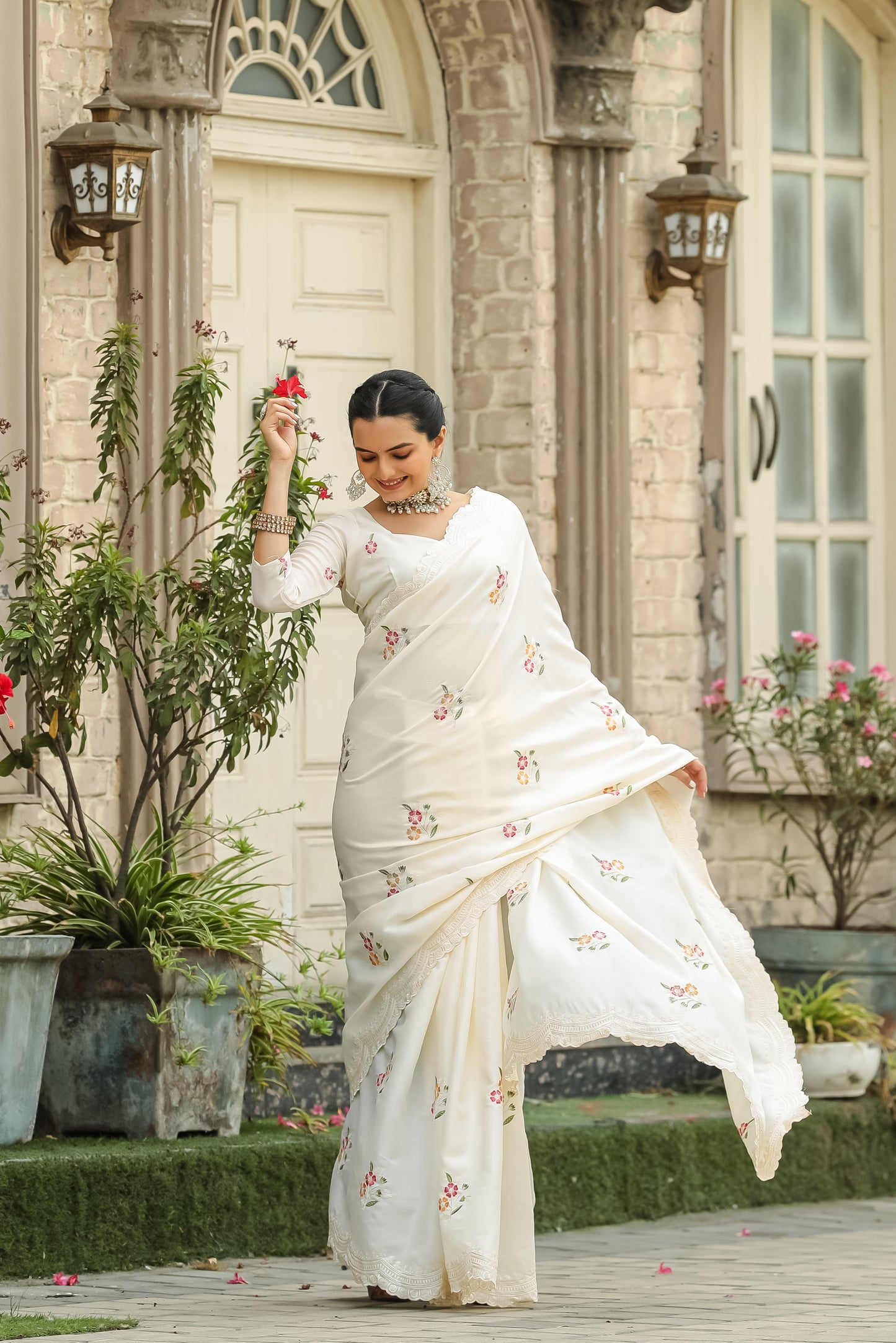 Luxuriant White Color Embroidery Cutwork Saree