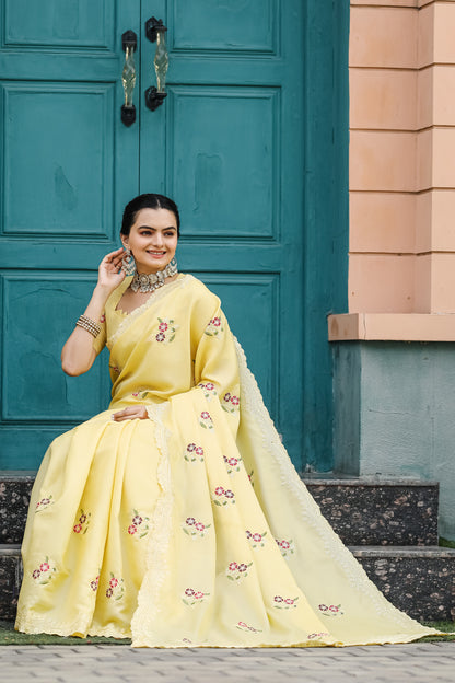 Luxuriant Yellow Color Embroidery Cutwork Saree