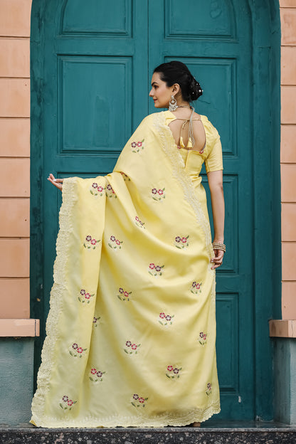 Luxuriant Yellow Color Embroidery Cutwork Saree