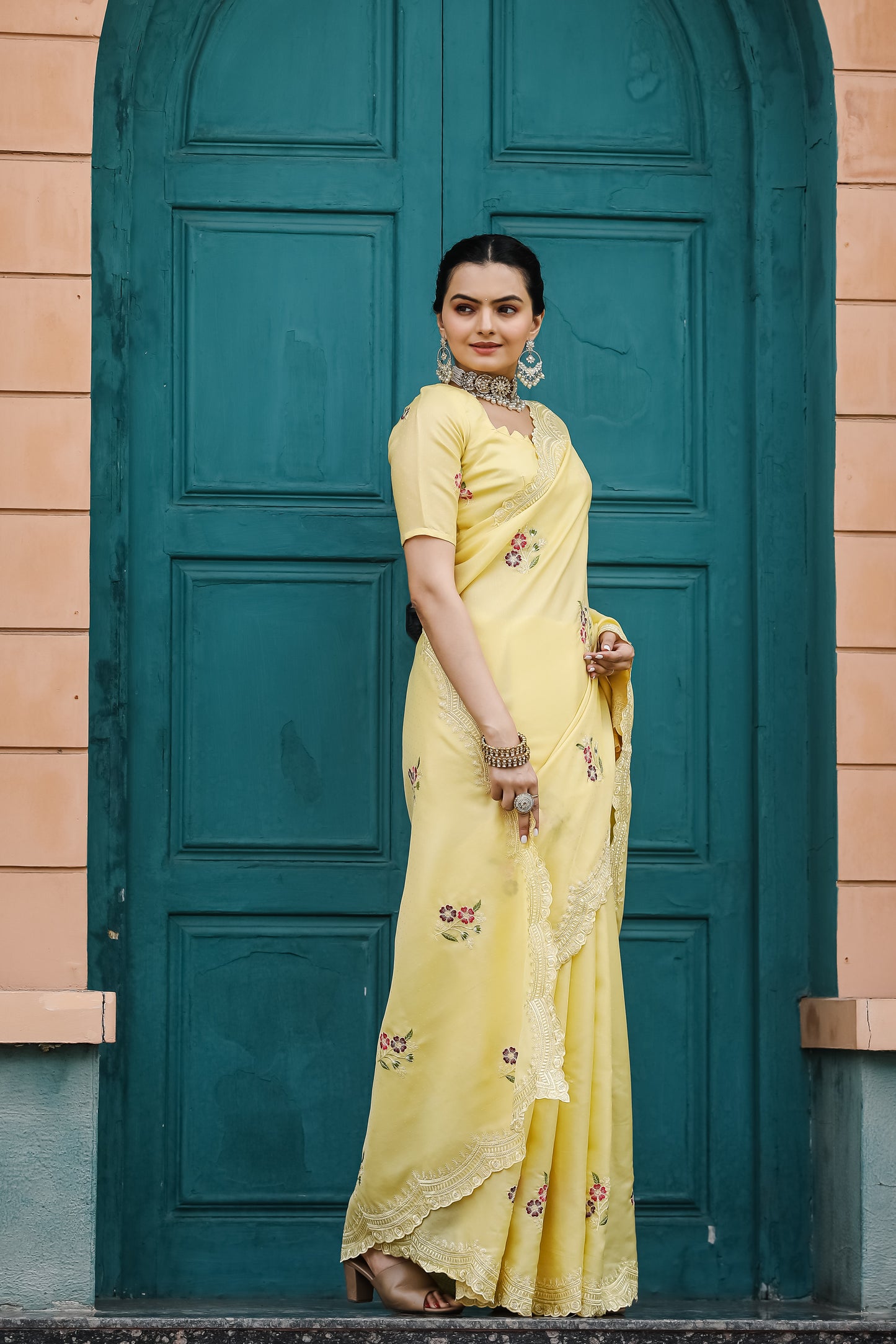 Luxuriant Yellow Color Embroidery Cutwork Saree